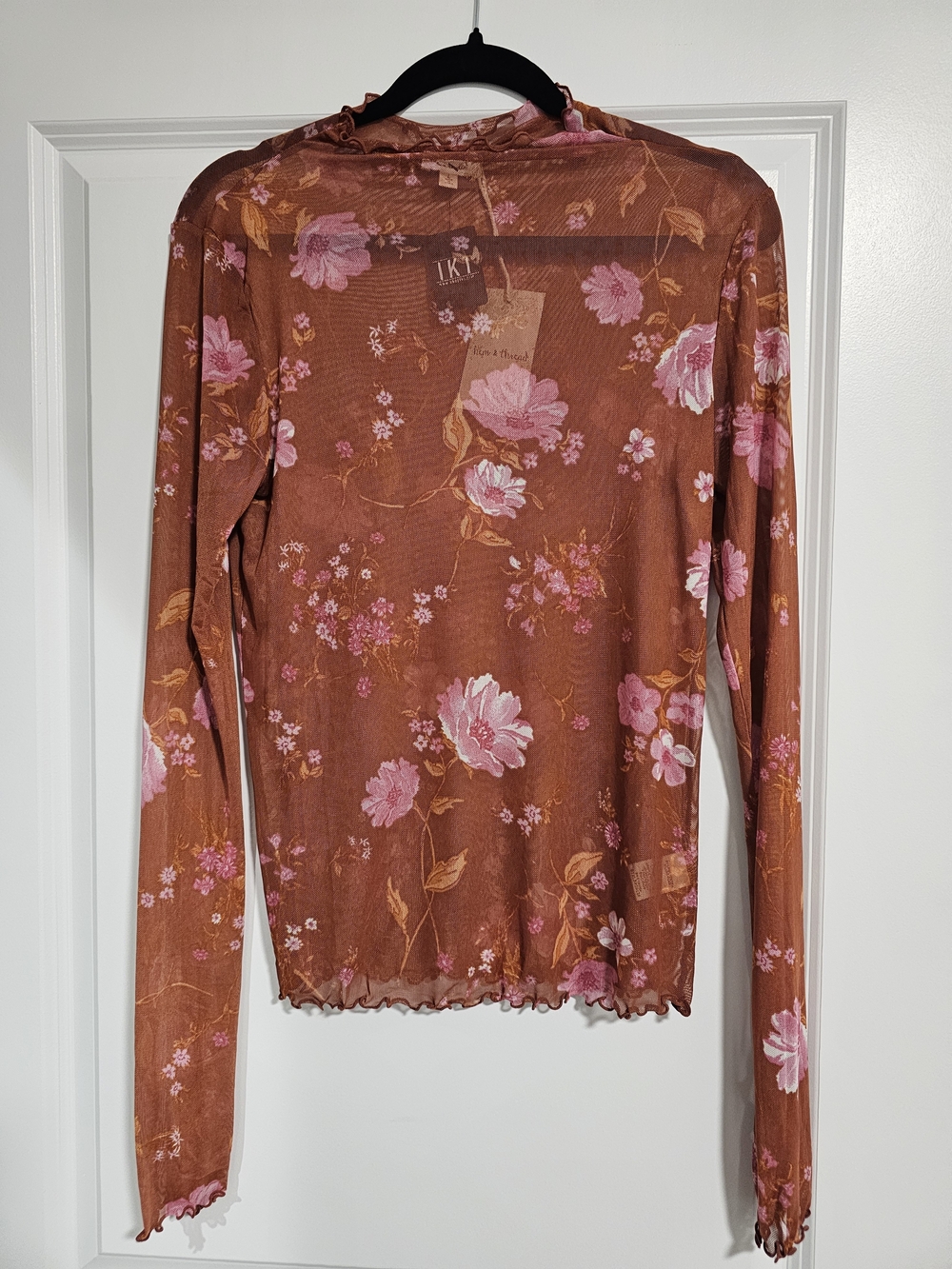 Hem & Thread Rust Floral Sheer Long-Sleeve Top with Pink Blooms